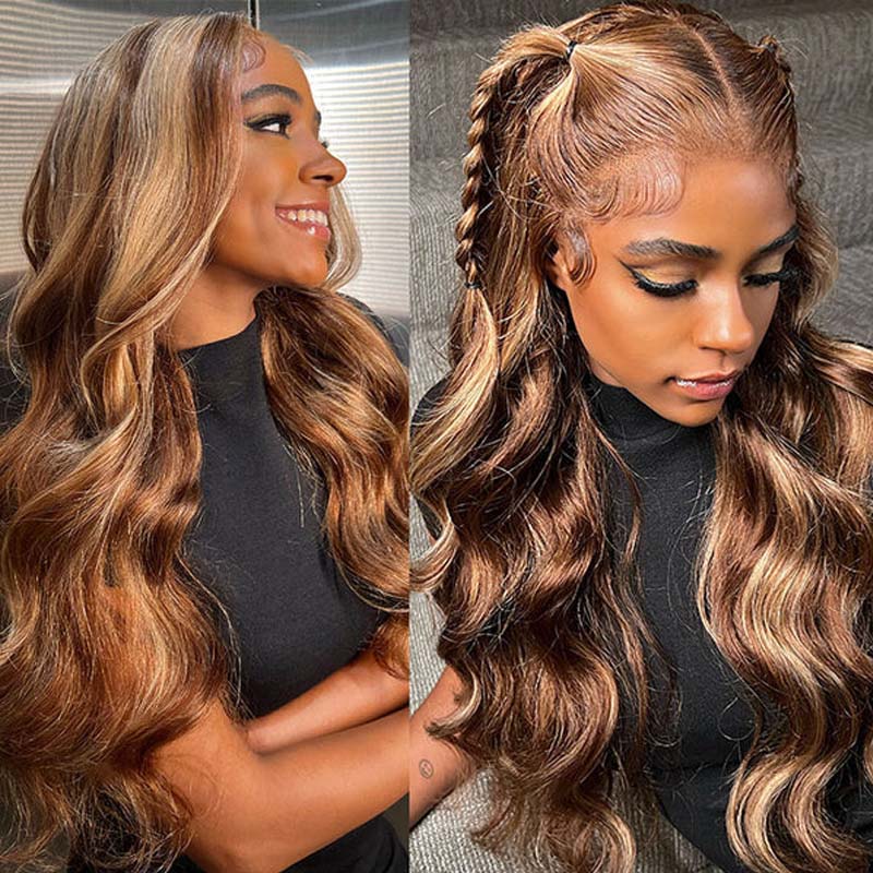 VIYA Pre Bleached Knots 13x4 HD Full Lace Frontal P4/27 Color Body Wave Human Hair Wig