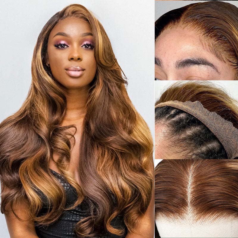 VIYA Pre Bleached Knots 13x4 HD Full Lace Frontal P4/27 Color Body Wave Human Hair Wig