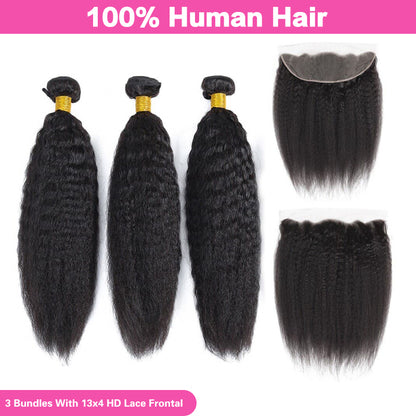 VIYA Kinky Straight 3 Pcs Bundles Hair Weft With 13x4 HD Lace Frontal Natural Black Human Hair