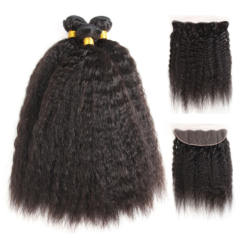 VIYA Kinky Straight 3 Pcs Bundles Hair Weft With 13x4 Lace Frontal Natural Black Human Hair