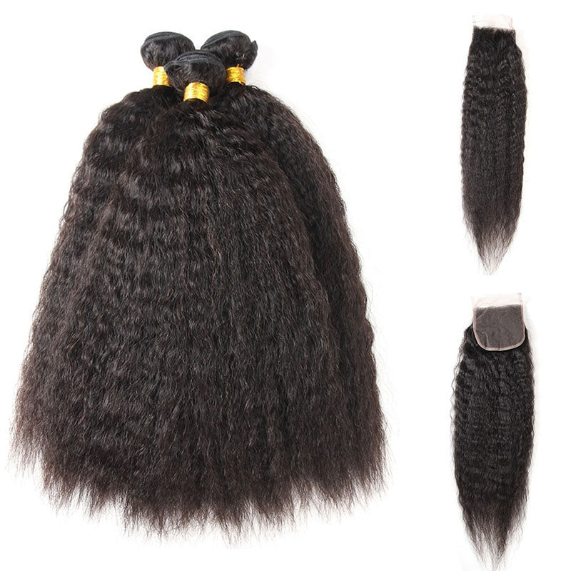 VIYA Kinky Straight 3 Pcs Bundles Hair Weft With 5x5 HD Lace Closure Natural Black Human Hair