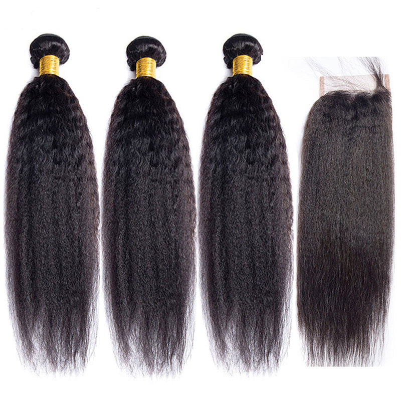 VIYA Kinky Straight 3 Pcs Bundles Hair Weft With 5x5 HD Lace Closure Natural Black Human Hair