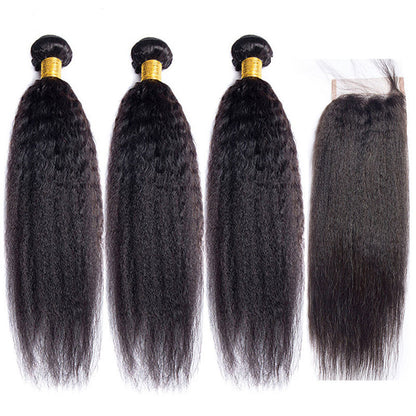 VIYA Kinky Straight 3 Pcs Bundles Hair Weft With 5x5 HD Lace Closure Natural Black Human Hair