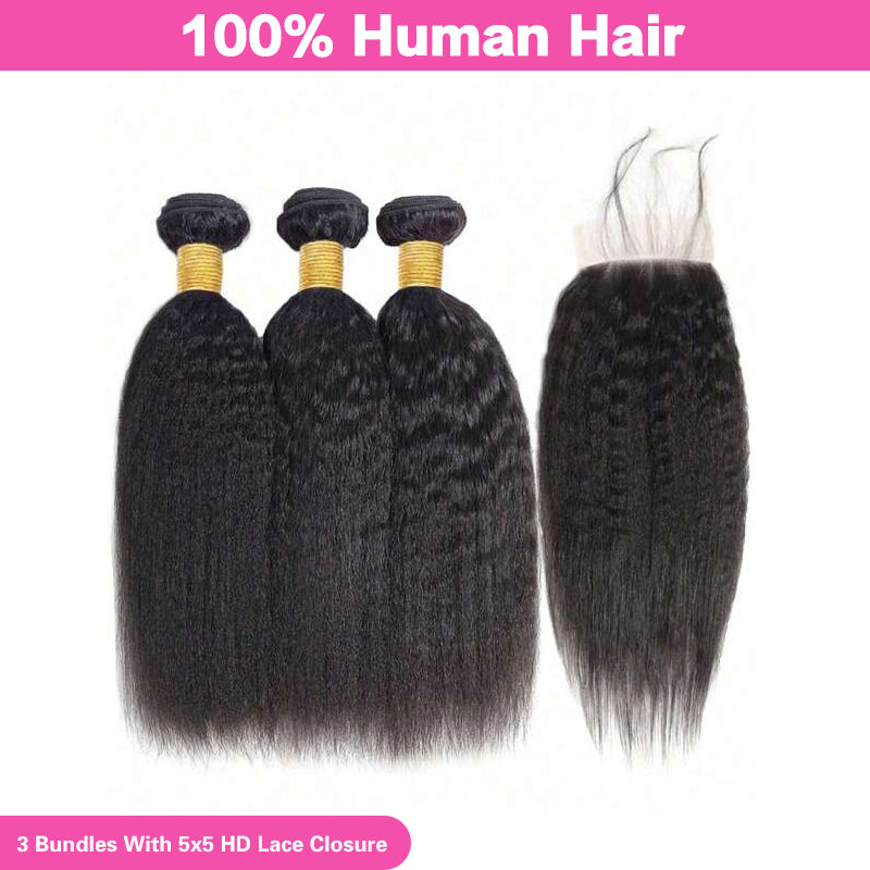 VIYA Kinky Straight 3 Pcs Bundles Hair Weft With 5x5 HD Lace Closure Natural Black Human Hair