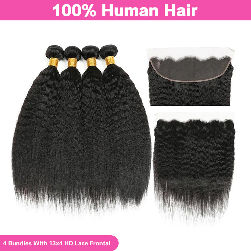 VIYA Kinky Straight 4 Pcs Bundles Hair Weft With 13x4 HD Lace Frontal Natural Black Human Hair