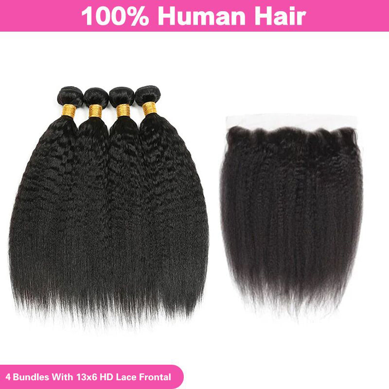 VIYA Kinky Straight 13x6 HD Lace Frontal With 4 Pcs Bundles Hair Weft Natural Black Human Virgin Hair