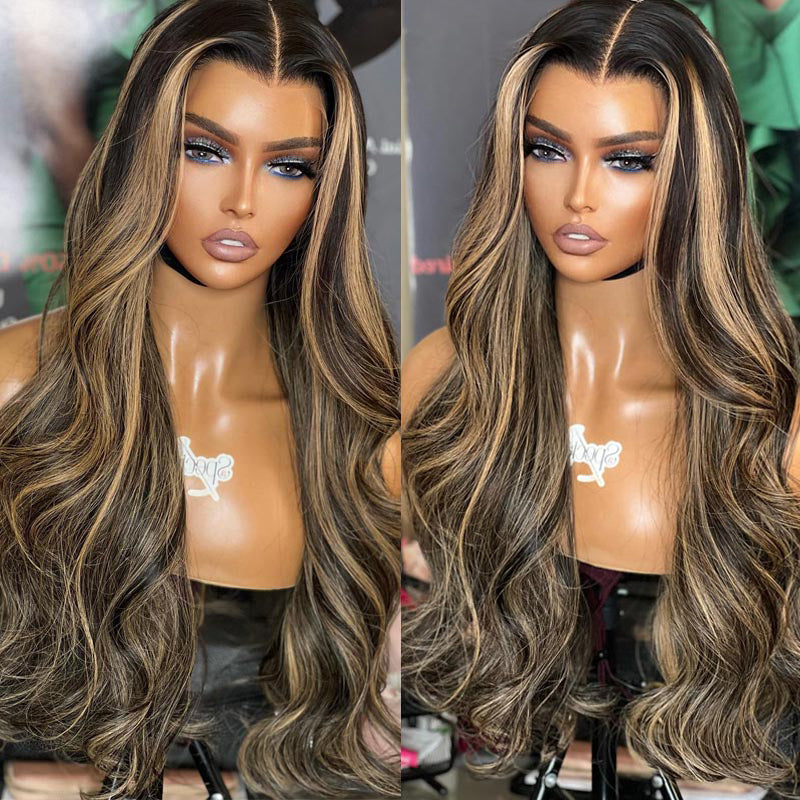 VIYA 13x6 HD Lace Balayage Highlight Loose Body Wave &amp; Straight Honey Blonde Brown Pre Bleached Knots Wig