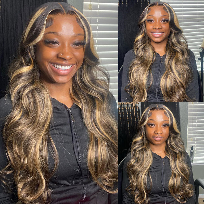 VIYA 13x6 HD Lace Balayage Highlight Loose Body Wave &amp; Straight Honey Blonde Brown Pre Bleached Knots Wig