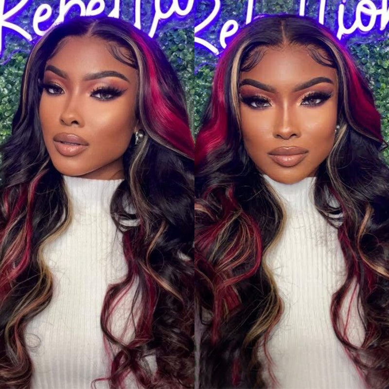 VIYA 13x6 /360 Lace Frontal Black With Red &amp; Blonde Highlights Loose Body Wave &amp; Straight Human Hair Wig