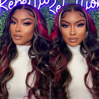 VIYA 13x6 HD Lace Frontal Black With Red &amp; Blonde Highlights Body Wave Human Hair Wig