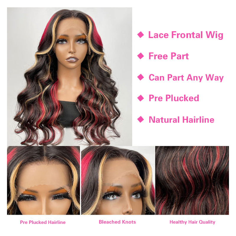 VIYA 13x6 Lace Frontal Black With Red &amp; Blonde Highlights Body Wave Human Hair Wig