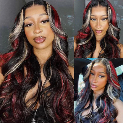 VIYA 13x6 HD Lace Frontal Black With Red &amp; Blonde Highlights Body Wave Human Hair Wig