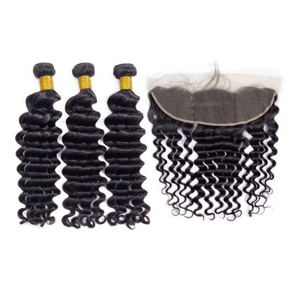VIYA Loose Deep Wave 3 Pcs Bundles Hair Weft With 13x4 Lace Frontal Natural Black Human Virgin Hair