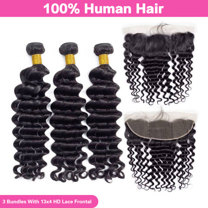 VIYA Loose Deep Wave 3 Pcs Bundles Hair Weft With 13x4 HD Lace Frontal Natural Black Human Virgin Hair