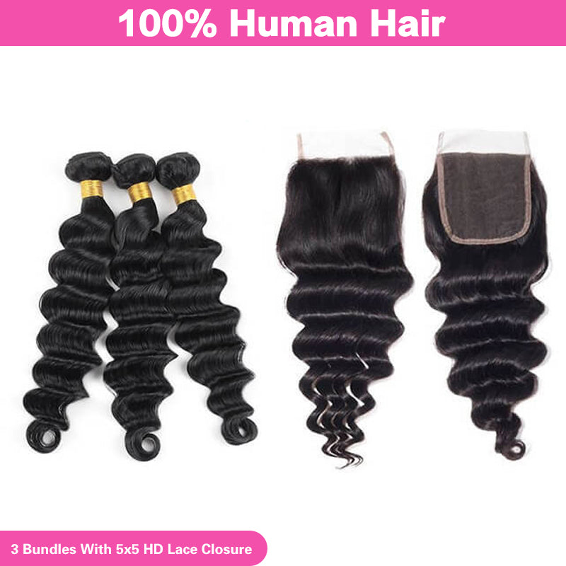 VIYA Loose Deep Wave 3 Pcs Bundles Hair Weft With 5x5 HD Lace Closure Natural Black Human Virgin Hair