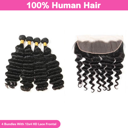 VIYA Loose Deep Wave 4 Pcs Bundles Hair Weft With 13x4 HD Lace Frontal Natural Black Human Virgin Hair