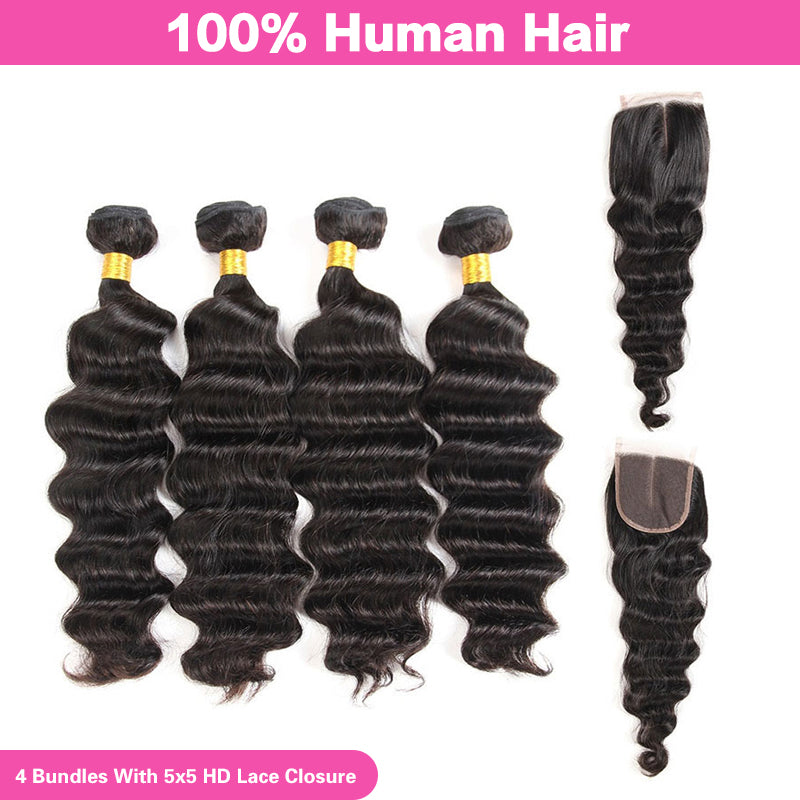 VIYA Loose Deep Wave 4 Pcs Bundles Hair Weft With 5x5 HD Lace Closure Natural Black Human Virgin Hair