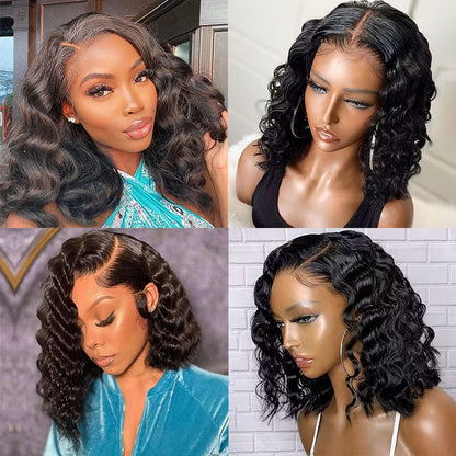 VIYA Loose Deep Wave Lace Bob Wig 10-16 Inch Natural Black Human Hair Wig