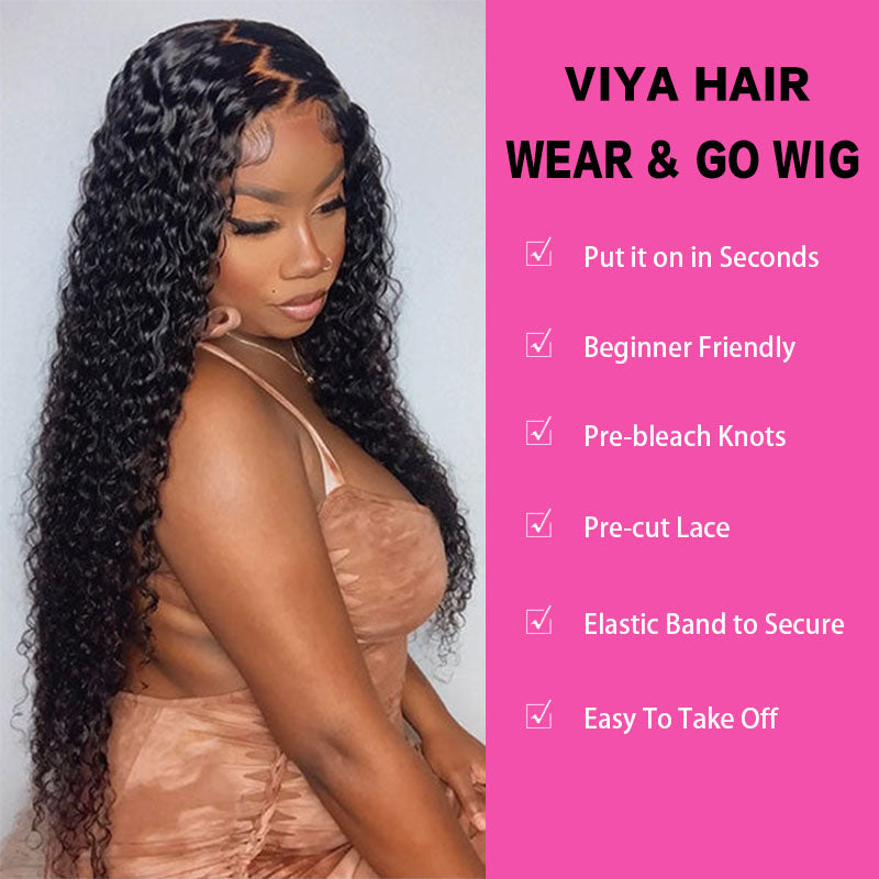 VIYA Pre Cut Water Wave HD Lace Glueless Wig 5x5 HD Lace Natural Black Human Hair Wig