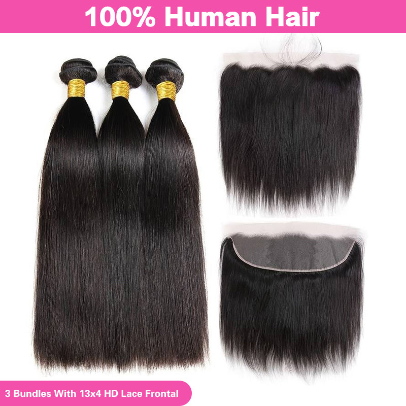 VIYA Straight 3 Pcs Bundles Hair Weft With 13x4 HD Lace Frontal Human Hair