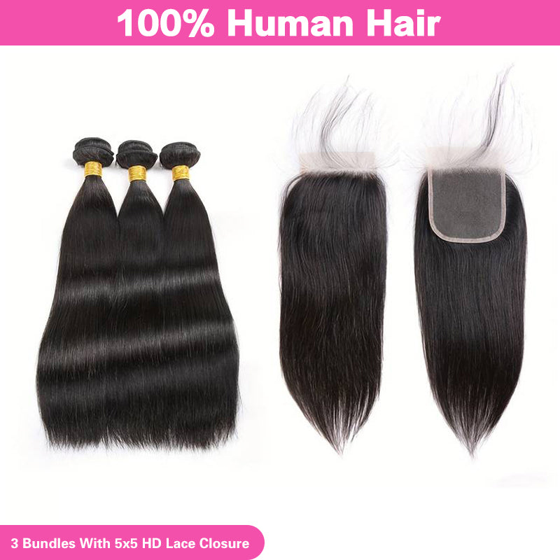 VIYA Straight 3 Pcs Bundles Hair Weft With 5x5 HD Lace Closure Human Hair