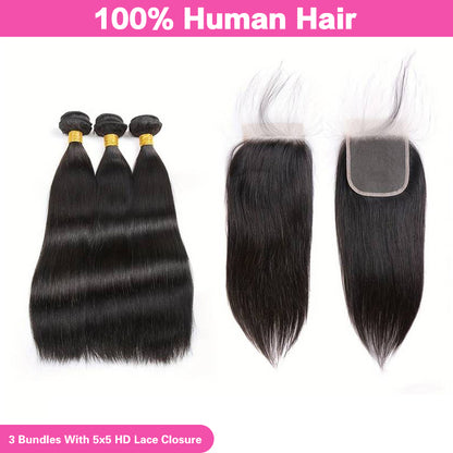 VIYA Straight 3 Pcs Bundles Hair Weft With 5x5 HD Lace Closure Human Hair