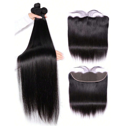 VIYA Straight 4 Pcs Bundles Hair Weft With 13x4 HD Lace Frontal Natural Black Human Virgin Hair