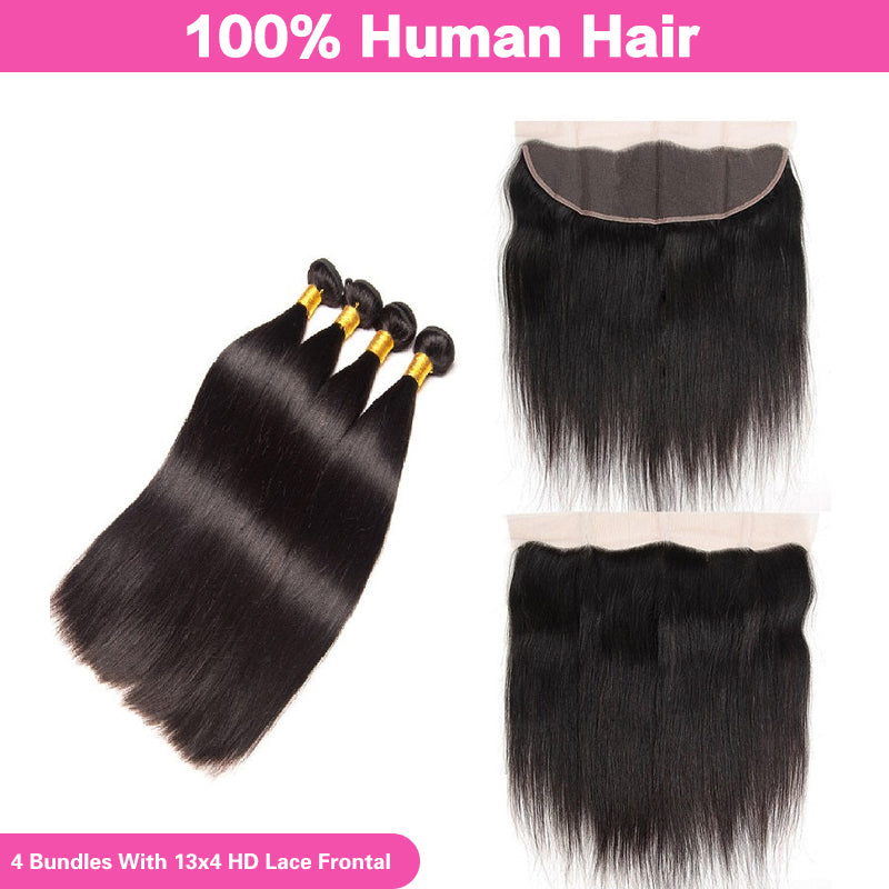 VIYA Straight 4 Pcs Bundles Hair Weft With 13x4 HD Lace Frontal Natural Black Human Virgin Hair