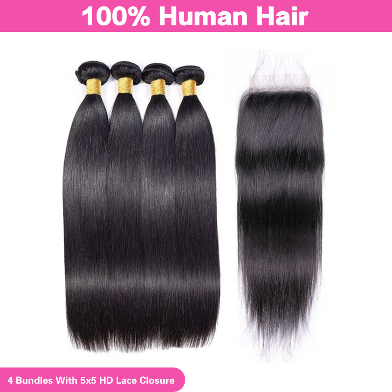 VIYA Straight 4 Pcs Bundles Hair Weft With 5x5 HD Lace Closure Human Hair