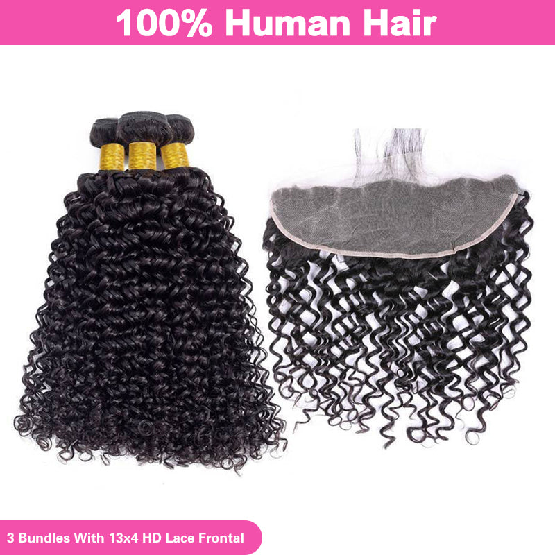 VIYA Water Wave 3 Bundles Hair Weft With 13x4 HD Lace Frontal Natural Black