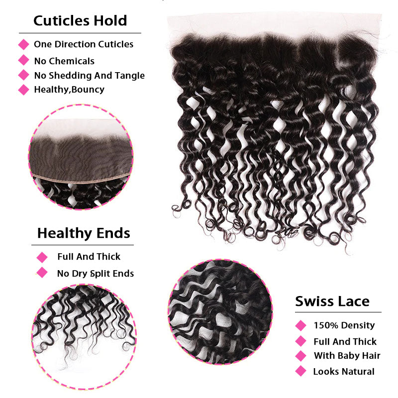 VIYA Water Wave 3 Bundles Hair Weft With 13x4 Lace Frontal Natural Black