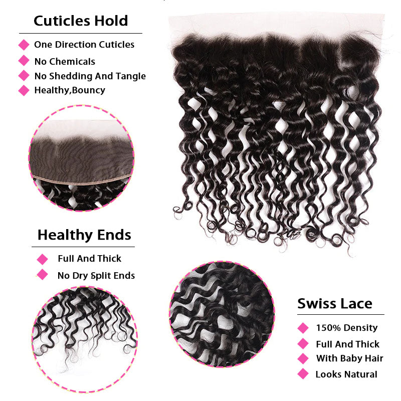 VIYA Water Wave 3 Bundles Hair Weft With 13x4 HD Lace Frontal Natural Black
