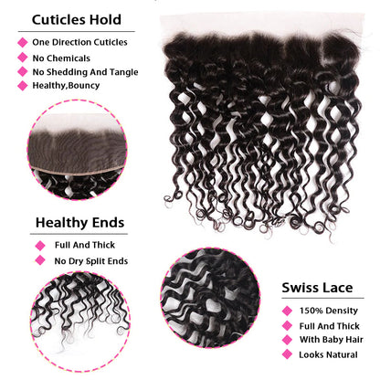 VIYA Water Wave 3 Bundles Hair Weft With 13x4 HD Lace Frontal Natural Black