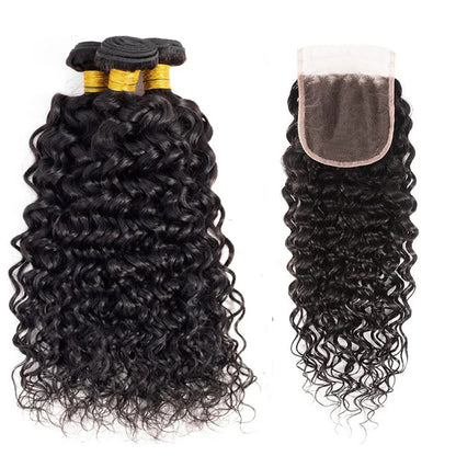 VIYA Water Wave 3 Bundles Hair Weft With 4x4 Lace Closure Natural Black