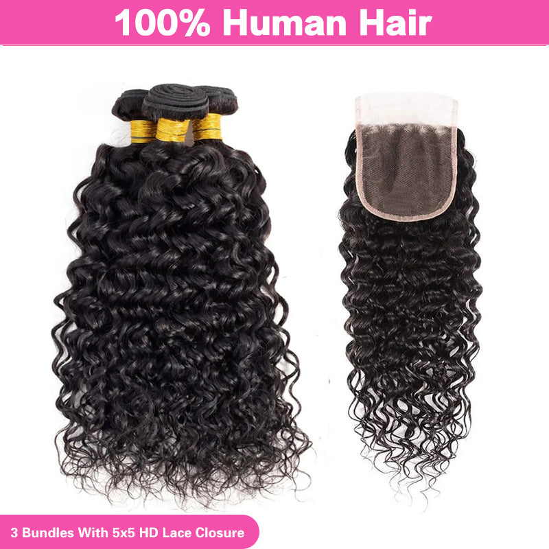 VIYA Water Wave 3 Bundles Hair Weft With 5x5 HD Lace Closure Natural Black