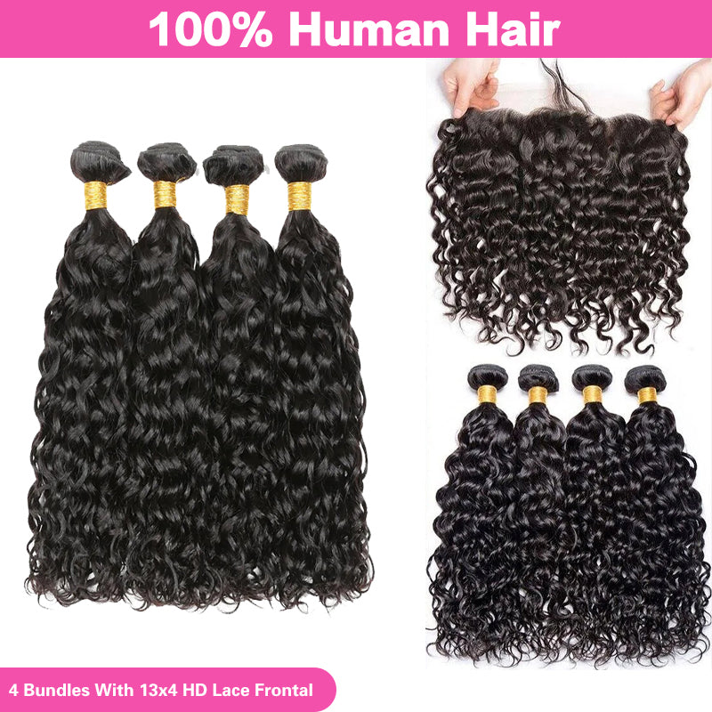 VIYA Water Wave 4 Pcs Bundles Hair Weft With 13x4 HD Lace Frontal Natural Black Human Virgin Hair