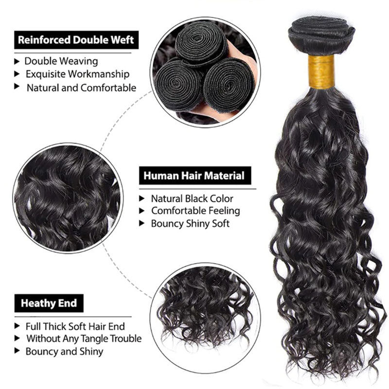 VIYA Water Wave 4 Pcs Bundles Hair Weft With 13x4 HD Lace Frontal Natural Black Human Virgin Hair