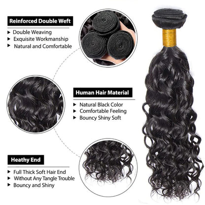 VIYA Water Wave 4 Pcs Bundles Hair Weft With 13x4 HD Lace Frontal Natural Black Human Virgin Hair