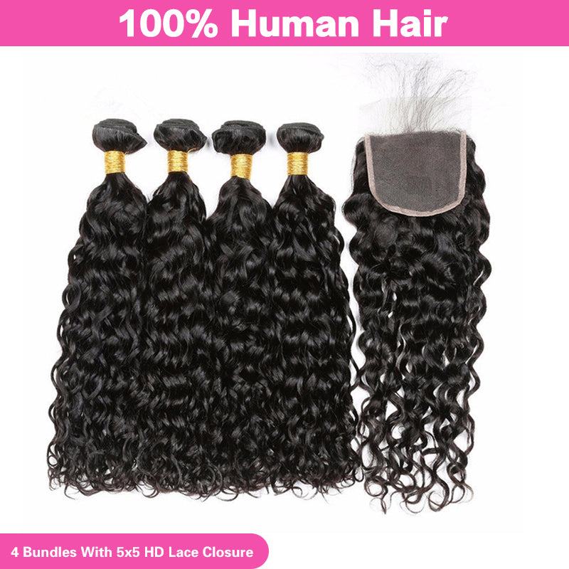 VIYA Water Wave 4 Bundles Hair Weft With 5x5 HD Lace Closure Natural Black