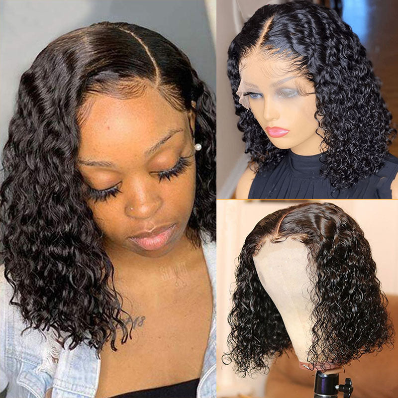 VIYA Water Wave Lace Bob Wig 10-16 Inches Natural Black Human Hair Wig ...